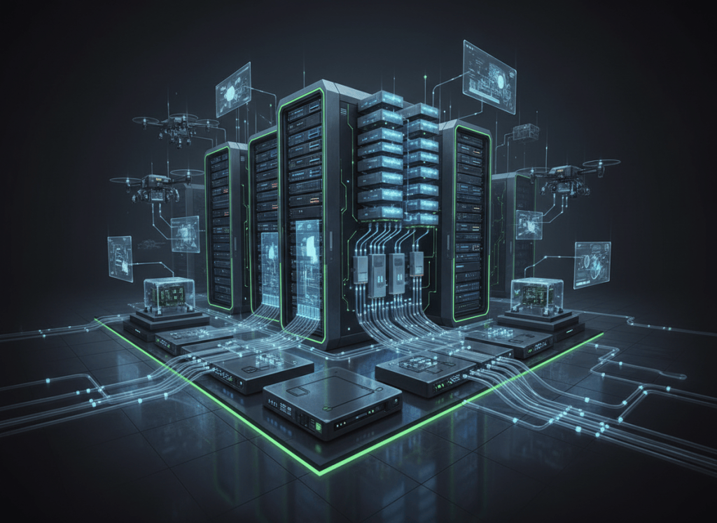 AI infrastructure ecosystem with HBM memory, optical interconnects and data center servers