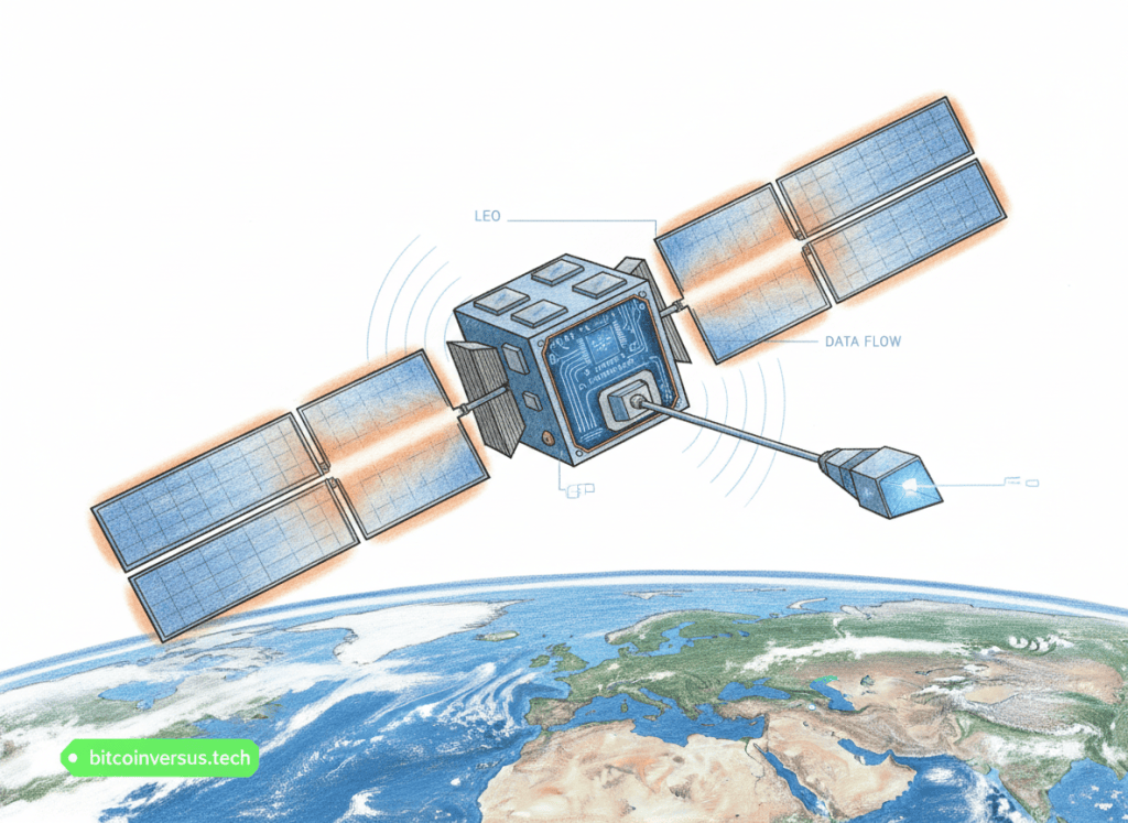 Wide 1200 by 630 editorial colored-pencil technical illustration of a compact satellite in low Earth orbit carrying AI compute hardware, glowing solar panels, Earth below, subtle radiator fins and laser-link concept, clean professional engineering-news composition, no logos, no people, minimal text, small neon-green bitcoinversus.tech tag in lower corner