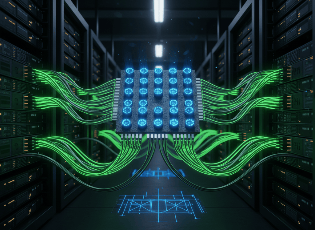 VCSEL laser arrays and fiber-optic links connecting high-density AI data center racks