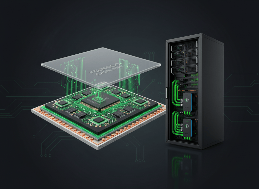 Wafer-level embedded power semiconductor platform beside a high-density AI server rack