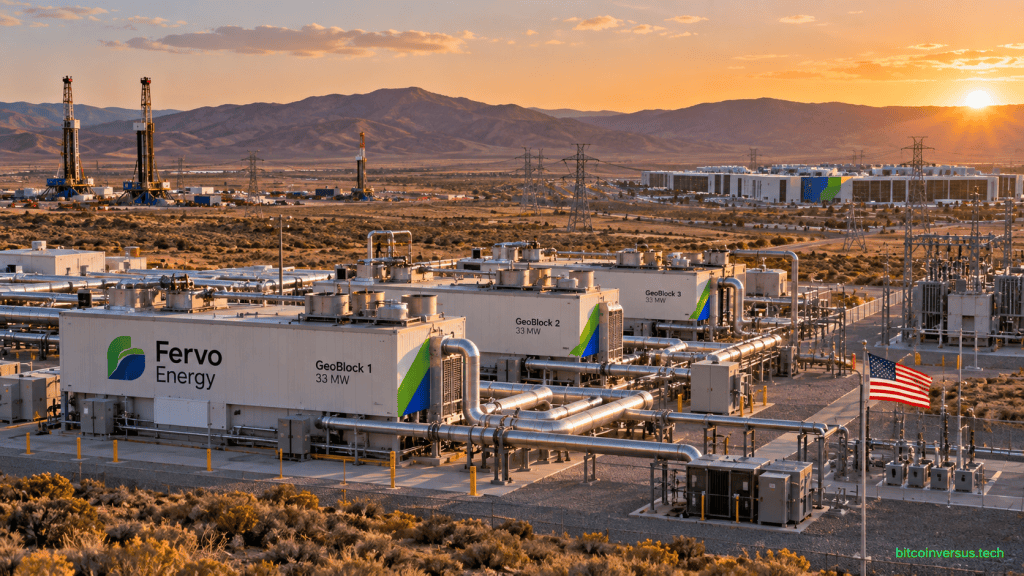Illustration of an enhanced geothermal power facility in Utah supplying electricity near a data center