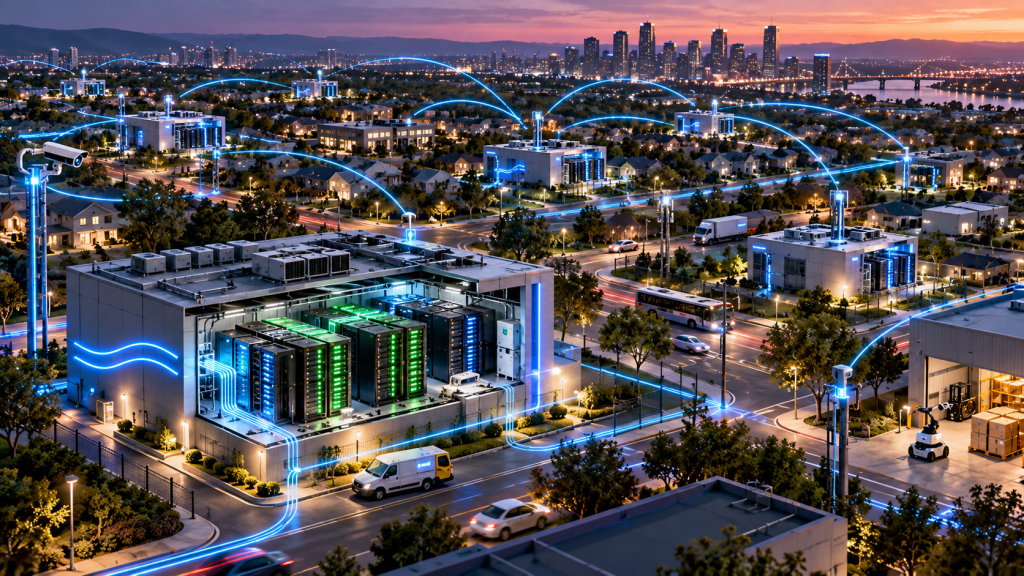 Editorial illustration of distributed neighborhood edge data centers connected by fiber to robots, cameras, vehicles and smart infrastructure, representing Spectrum Edge Compute Infrastructure.