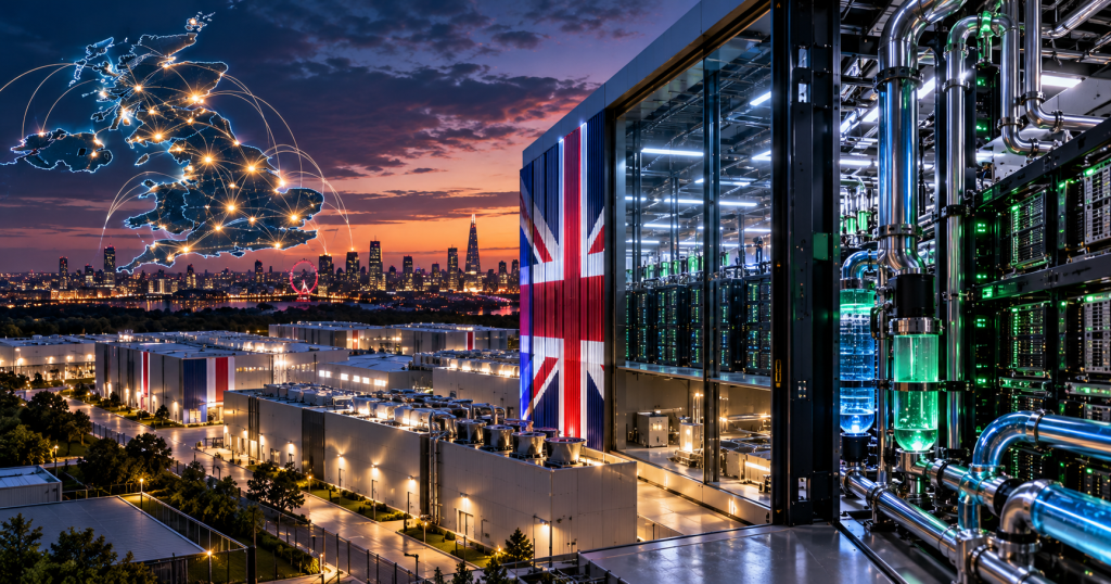 Editorial illustration of a UK AI data center network with direct liquid cooling, a glowing map of Britain, Union Jack symbolism and dense accelerator racks