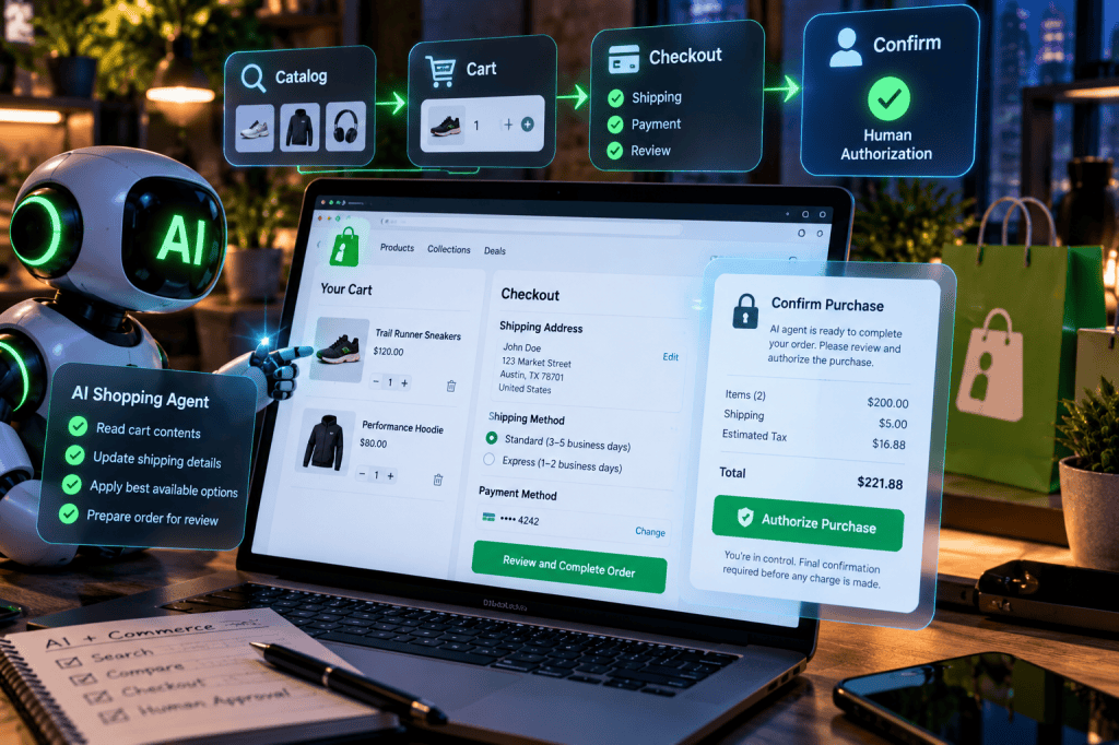 AI shopping agent preparing an online checkout while a human authorization step remains required.