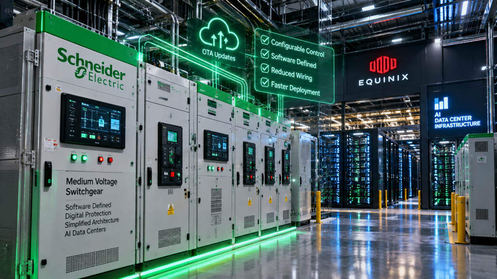 Schneider Electric software-defined medium-voltage switchgear inside an Equinix-style AI data center with virtualized controls and server racks.