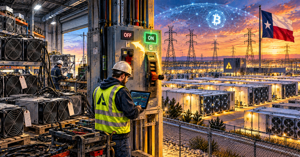 BitcoinVersus.Tech illustration showing idle ASIC miners being serviced and restarted beside a Texas mining campus and power grid as sidelined hashrate prepares to return.