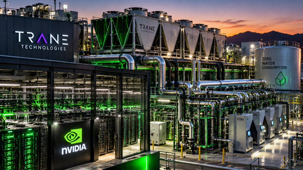 Trane Technologies zero-water AI data center cooling plant with NVIDIA server racks, liquid cooling pipes and CDU equipment.