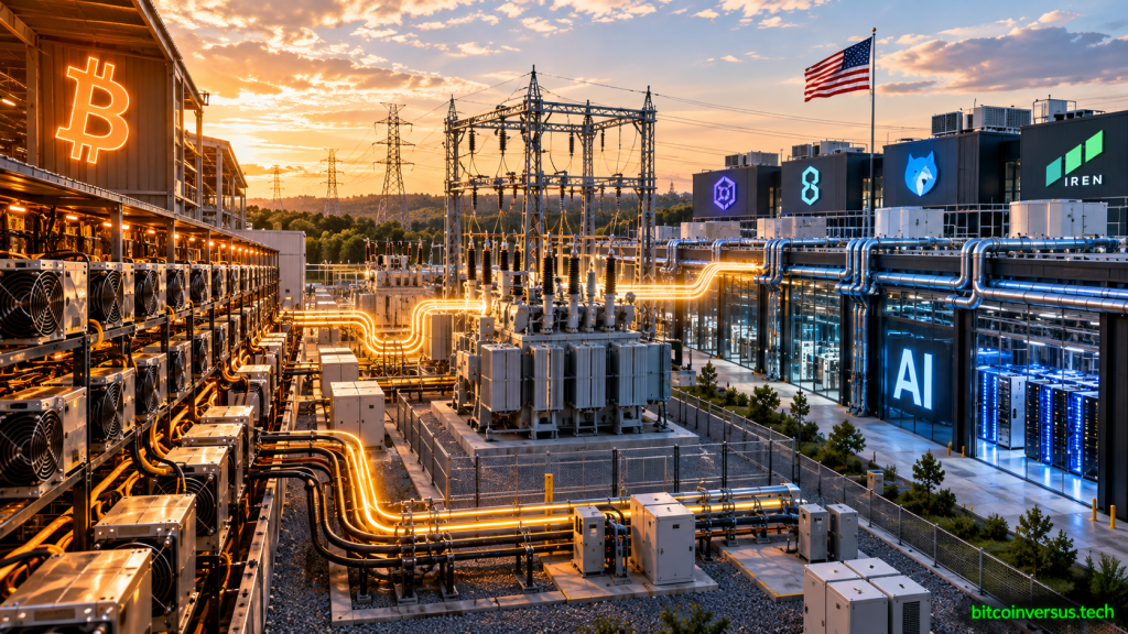 Editorial illustration showing Bitcoin mining infrastructure transitioning through substations into AI data center powered shells