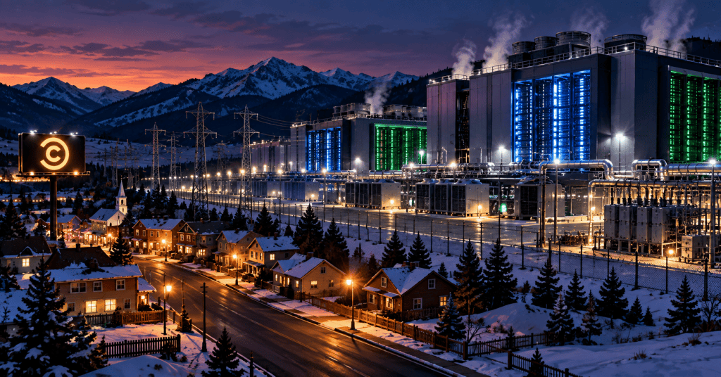 Editorial illustration of a snowy Colorado-style mountain town beside a massive AI data center, with power lines, liquid cooling infrastructure and a subtle Comedy Central-style double-C symbol.