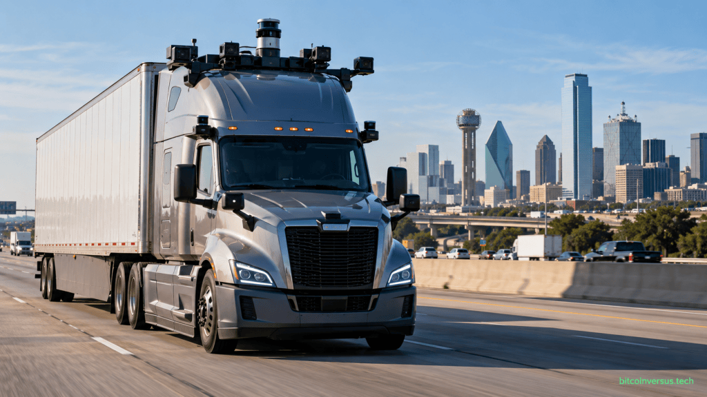Autonomous semi truck traveling on a Texas highway near Dallas