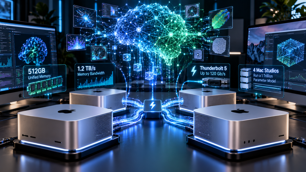 Four Mac Studio computers linked over Thunderbolt 5 running a distributed trillion-parameter AI model