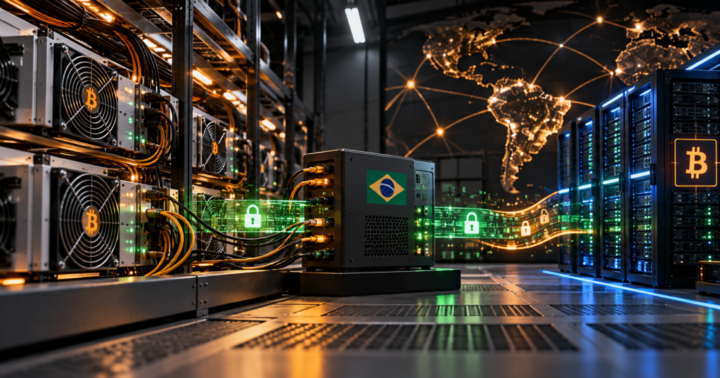 Bitcoin mining ASICs sending encrypted work through a Brazilian-linked Stratum V2 relay toward mining pool servers.