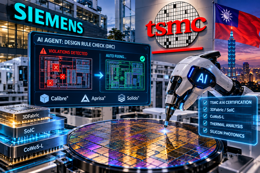 Siemens and TSMC AI semiconductor design automation illustration showing DRC violations being automatically corrected