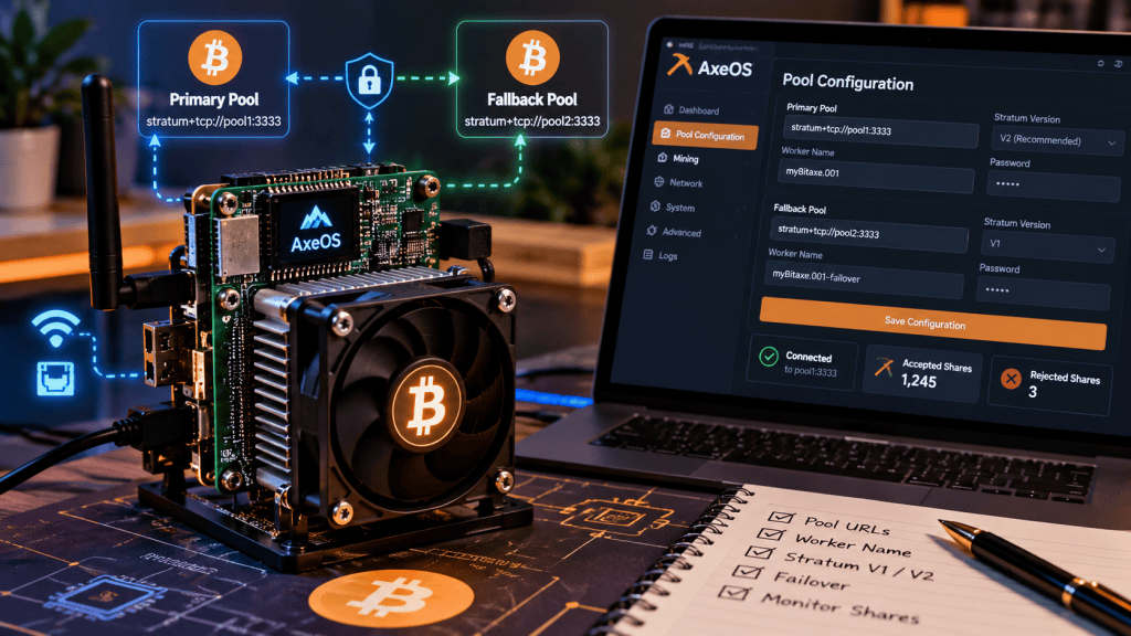 Bitaxe-style Bitcoin miner beside an AxeOS pool configuration dashboard showing primary and fallback pools, worker name, Stratum version and share status.