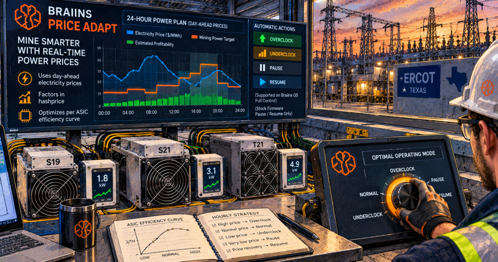 Editorial illustration of automated Bitcoin mining power optimization using electricity prices, mining revenue and ASIC efficiency.