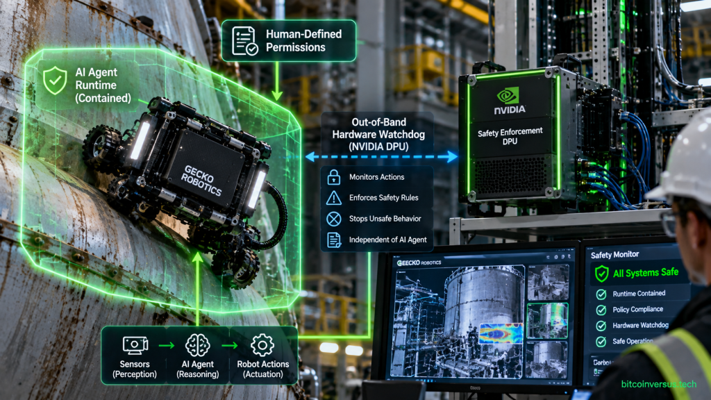 Illustration of a Gecko-style industrial inspection robot governed by NVIDIA hardware and software safety controls