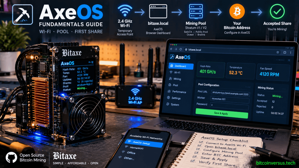 Bitaxe open-source Bitcoin miner beside an AxeOS dashboard showing the setup path from 2.4 GHz Wi-Fi to mining pool, Bitcoin address and accepted share