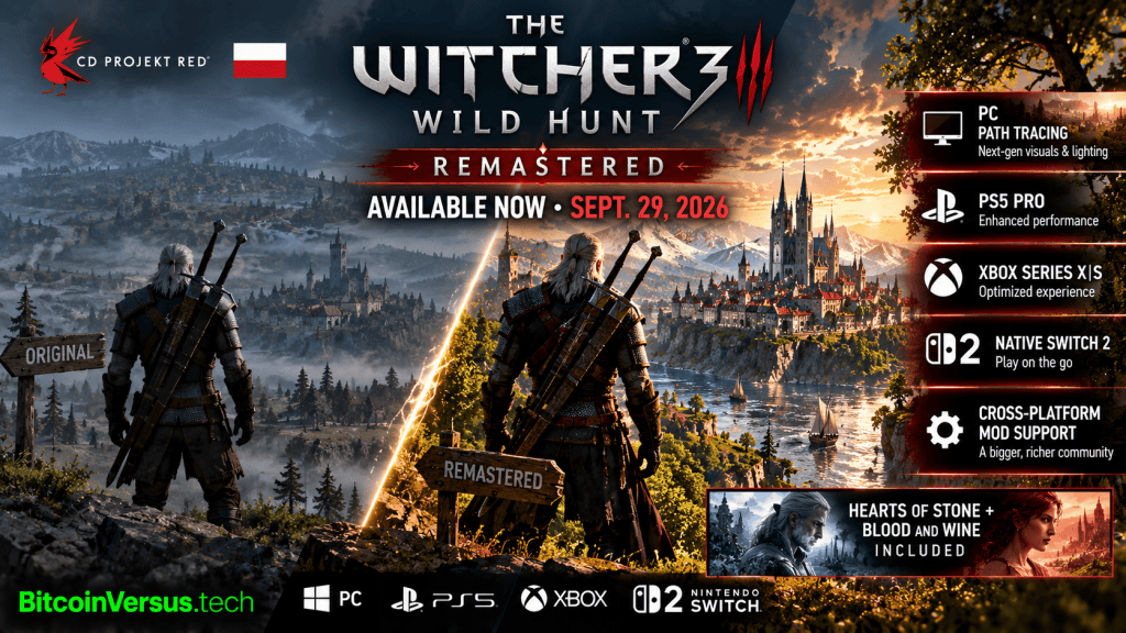 The Witcher 3 Wild Hunt Remastered comparison showing Geralt, upgraded visuals, PC path tracing, PS5 Pro, Xbox Series and Nintendo Switch 2