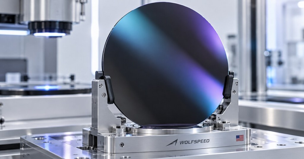 AI-generated concept of a smooth silicon-carbide wafer in a laboratory inspection fixture with Wolfspeed branding.