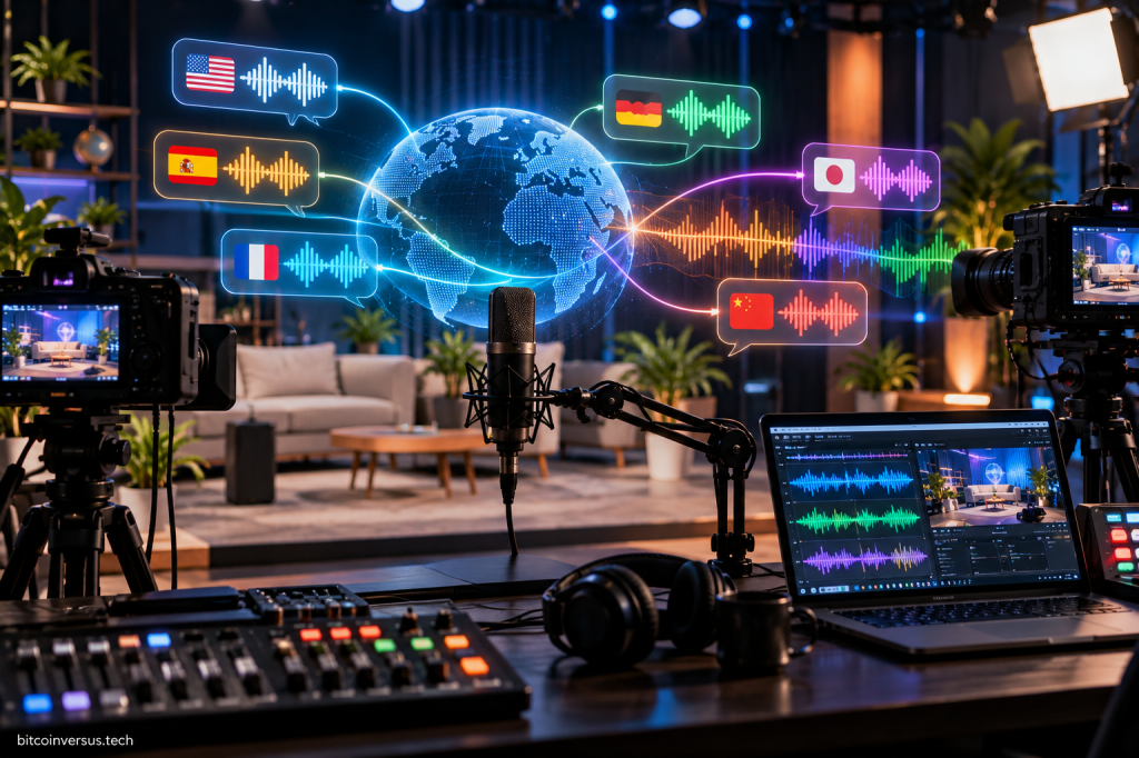 Illustration of a professional livestream studio with AI voice translation across multiple languages