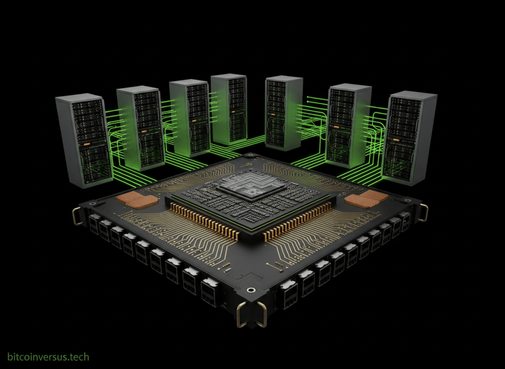 A monolithic high-radix Ethernet switch ASIC connecting an AI data center fabric through hundreds of high-speed links.