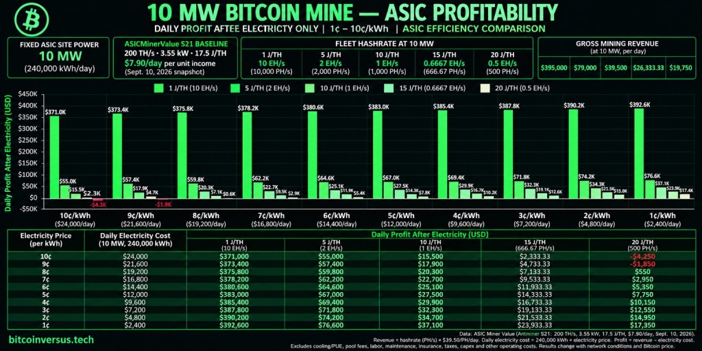 BitcoinVersus.Tech chart comparing daily 10 MW Bitcoin mining profitability across ASIC efficiencies from 1 to 20 J/TH and electricity prices from 1 to 10 cents per kWh.