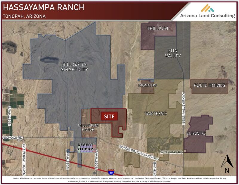 Hassayampa Ranch location map shared by a land-development professional, showing the tract and nearby planned communities; illustrative boundaries require checking against county filings