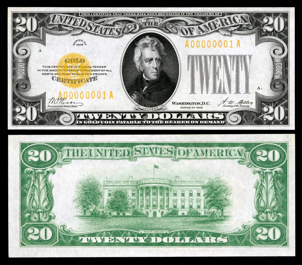 1928 United States twenty-dollar gold certificate, a historical banknote redeemable under the gold-linked monetary system of its era.