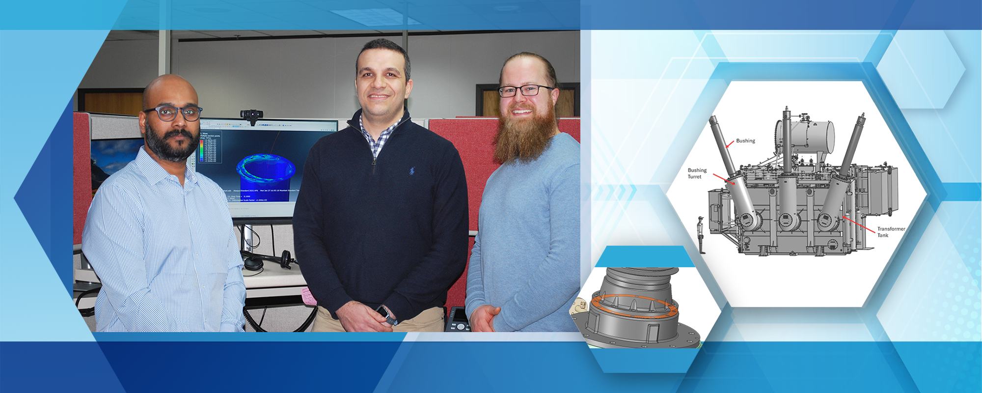 Idaho National Laboratory researchers beside a computer visualization of transformer seismic engineering.