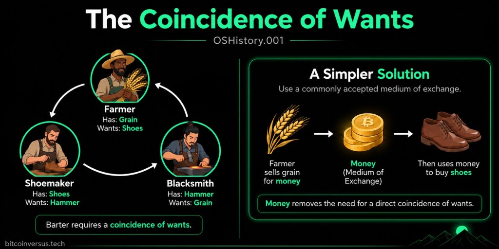Diagram explaining the coincidence of wants with an African farmer, a shoemaker, an Asian blacksmith, and a simplified money-as-medium-of-exchange flow.