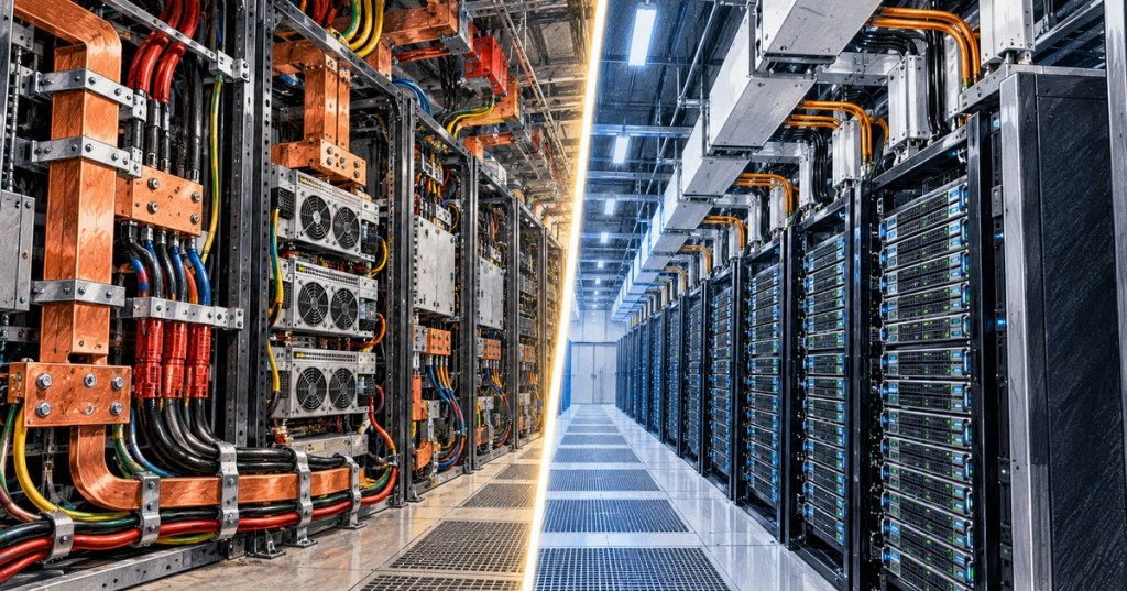 Color-pencil comparison of a copper-heavy 54V AI rack power system and a cleaner high-voltage 800V data center power architecture.