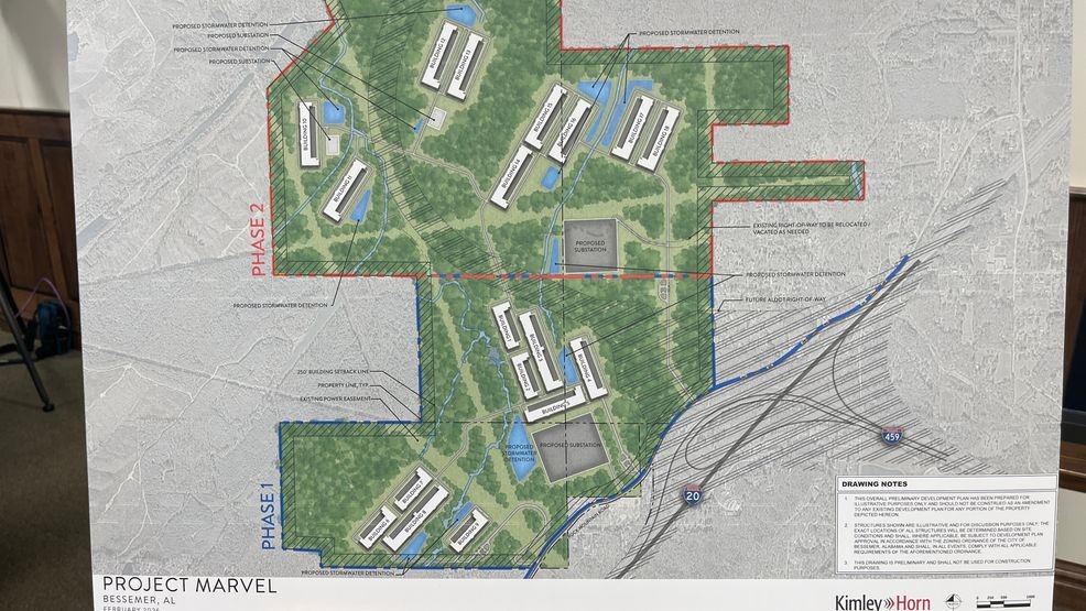 Actual Project Marvel preliminary site-plan image presented during Bessemer zoning coverage; conceptual layout, not built infrastructure