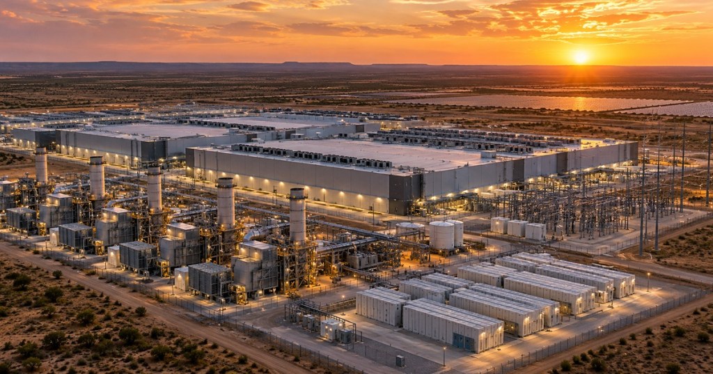 Original editorial image of a large AI data center campus with on-site power generation, battery storage and solar fields