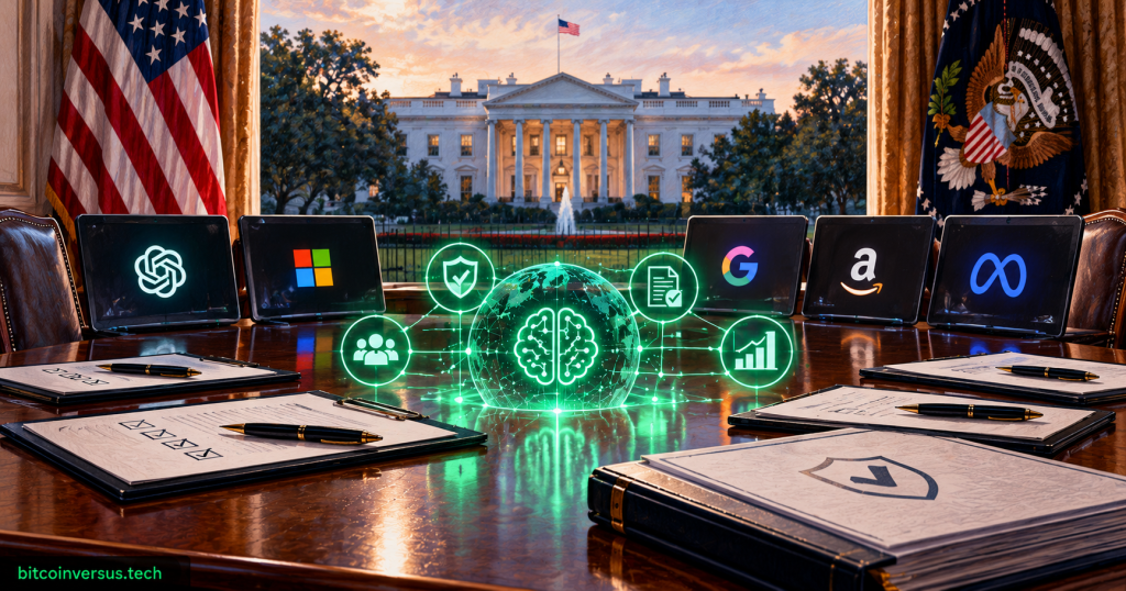 Editorial illustration of a White House policy table with AI governance symbols, technology laptops, safety documents, and a glowing green artificial intelligence network