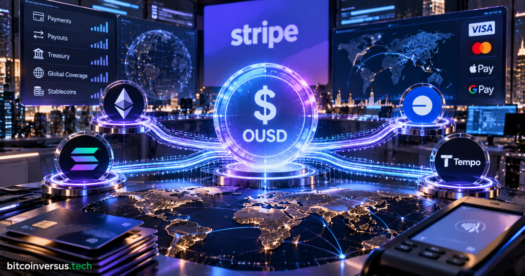 Futuristic editorial illustration of Open USD OUSD running through Stripe payment rails across Ethereum, Solana, Base and Tempo with global treasury and card infrastructure