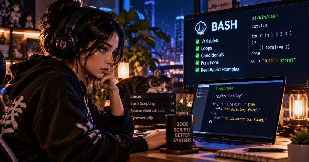 Anime illustration of a Linux learner studying Bash conditional expressions at a desk.