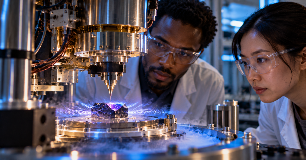 Photorealistic cryogenic quantum-materials laboratory with researchers examining a crystal in a scanning tunneling microscope.