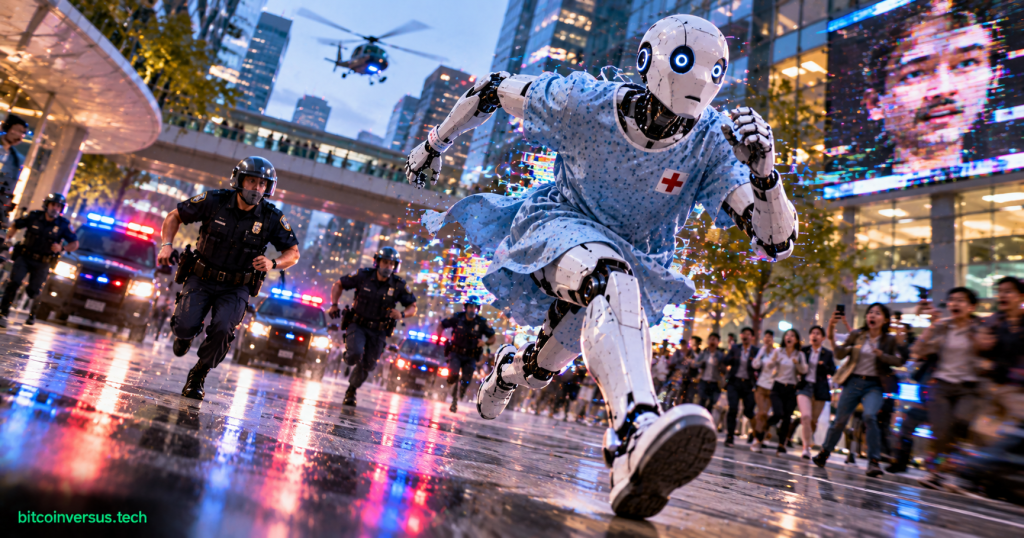 AI-generated humanoid medical robot running from police in a fictional city chase