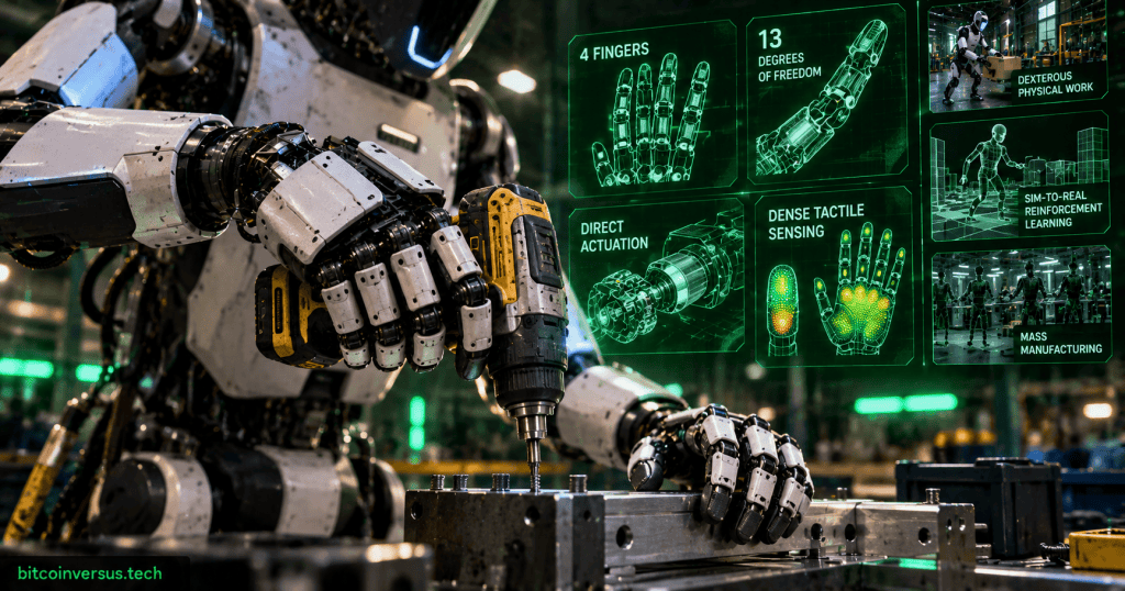 Humanoid robot using a drill with neon green schematics showing a four-finger 13-degree-of-freedom hand built for dexterous factory work