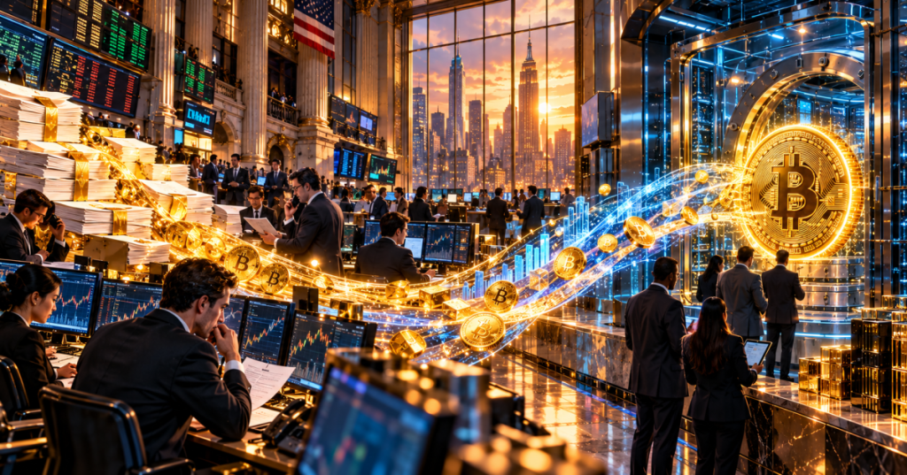 Original editorial artwork depicting a stock exchange and Bitcoin exposure as a fictional investment vault; not an official Franklin fund image