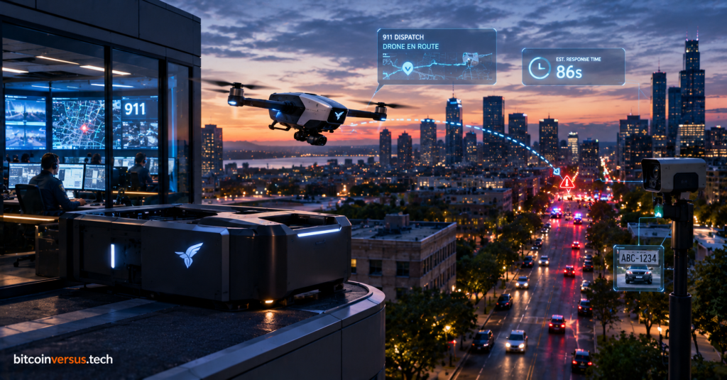 A public-safety drone launching from a rooftop command center toward a 911 incident with an 86-second response-time overlay