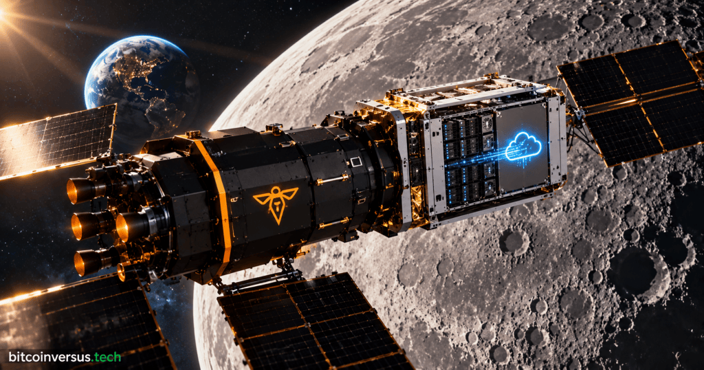 Editorial illustration of a Firefly-inspired lunar orbiter carrying a Starcloud-style AI computing payload above the Moon with Earth in the distance