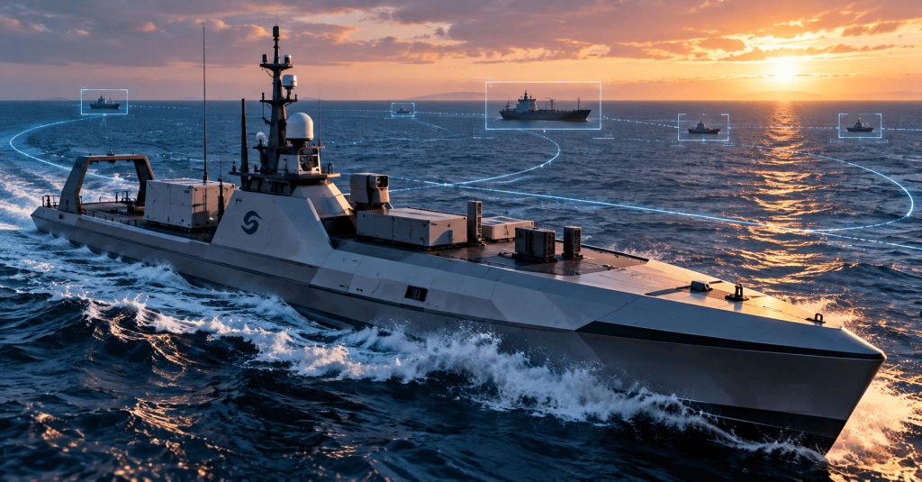 Cinematic illustration of a large autonomous maritime vessel at sea using passive-sensing and navigation overlays to track surrounding ships.