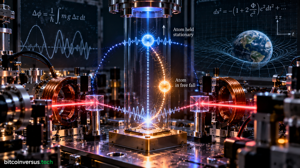 Editorial illustration of an atom interferometer splitting a quantum wave into a stationary path and a free-fall path above a precision laboratory chip with spacetime curvature imagery