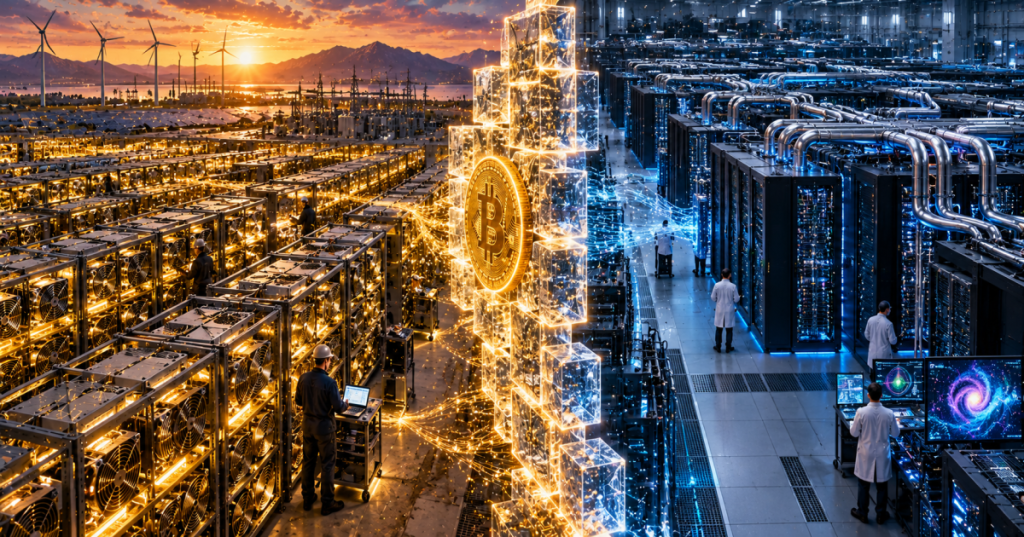 Conceptual split-screen image of Bitcoin ASIC mining versus supercomputer hardware, not real photographed facilities