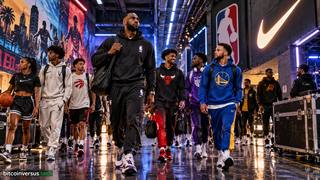 Editorial sports-fashion illustration of NBA players and young hoopers in league-wide warmup apparel at a basketball arena runway with NBA and Nike visual elements
