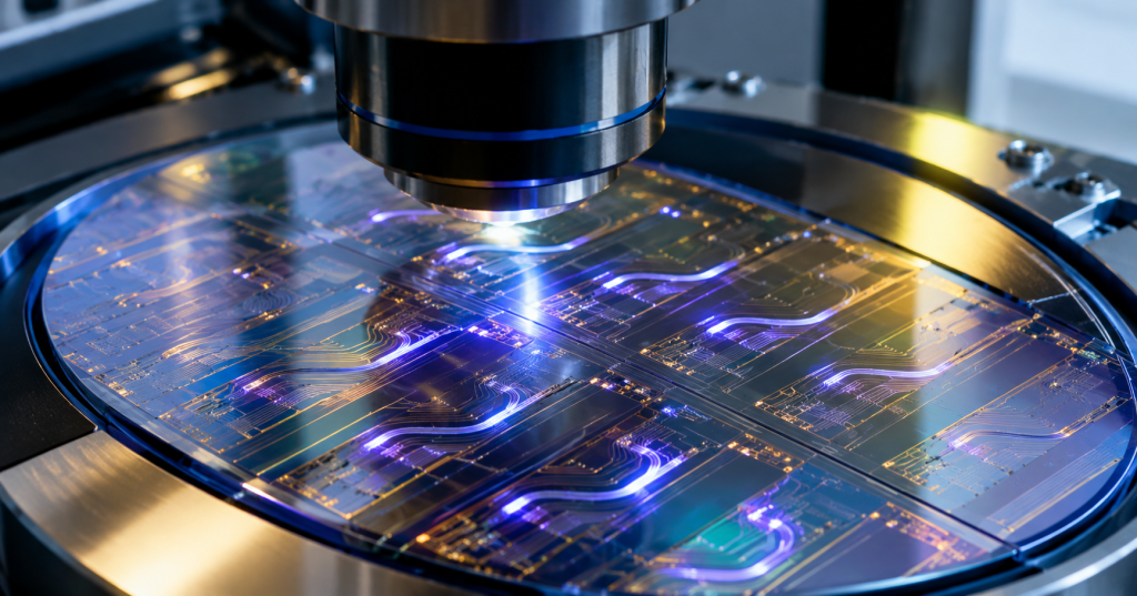 Photorealistic semiconductor wafer under a microscope with illuminated curved photonic waveguide paths.