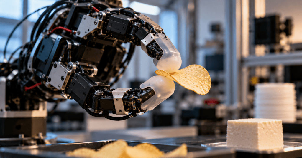 Photorealistic robotic hand delicately holding a potato chip with soft tactile fingertips in a robotics laboratory.