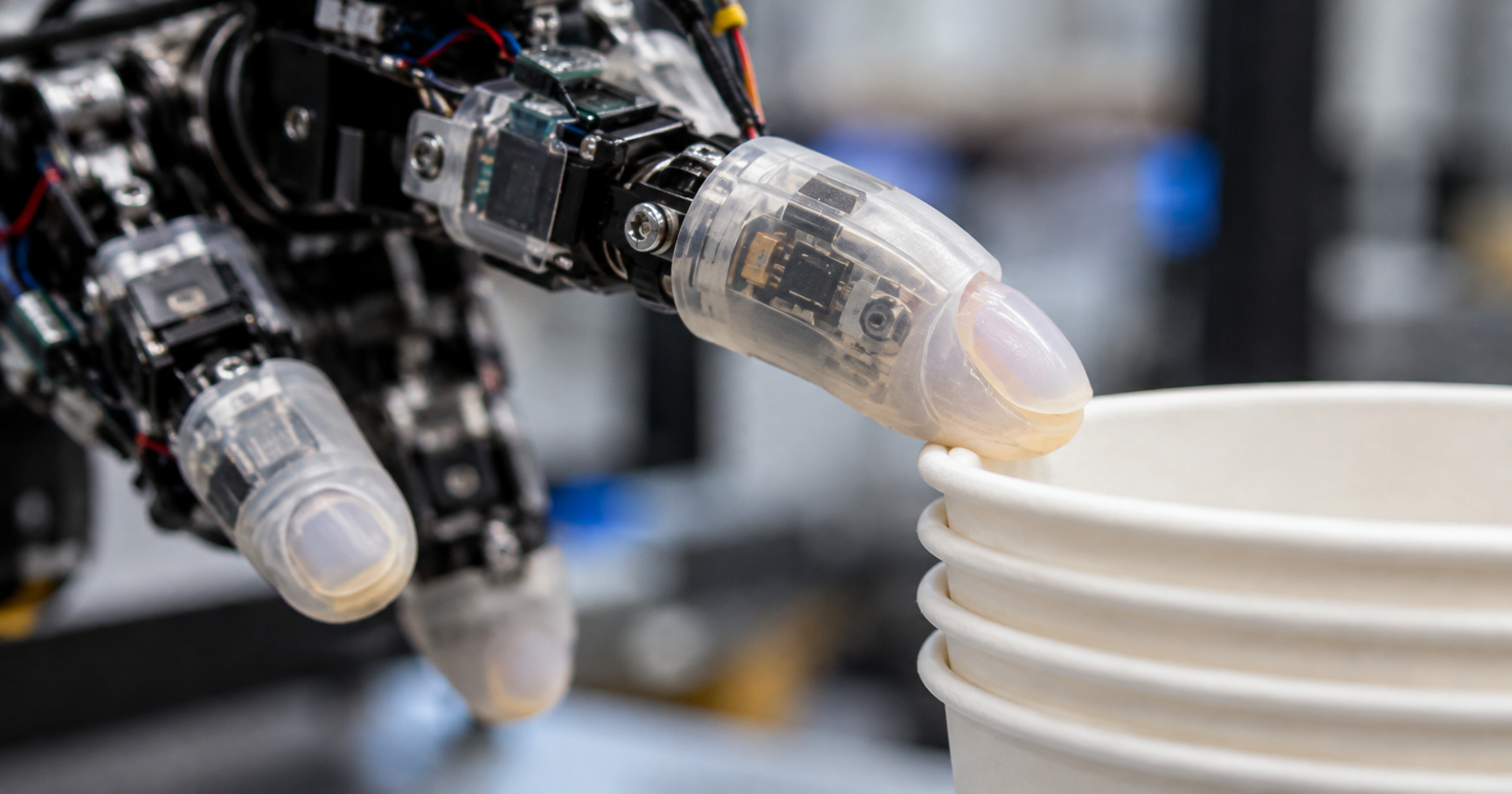 Photorealistic close-up of a tactile robotic fingertip pressing along the rim of stacked paper cups in a laboratory.