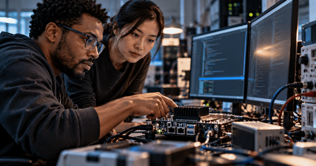 Photorealistic software engineering lab with developers working at code-filled monitors and embedded systems hardware.